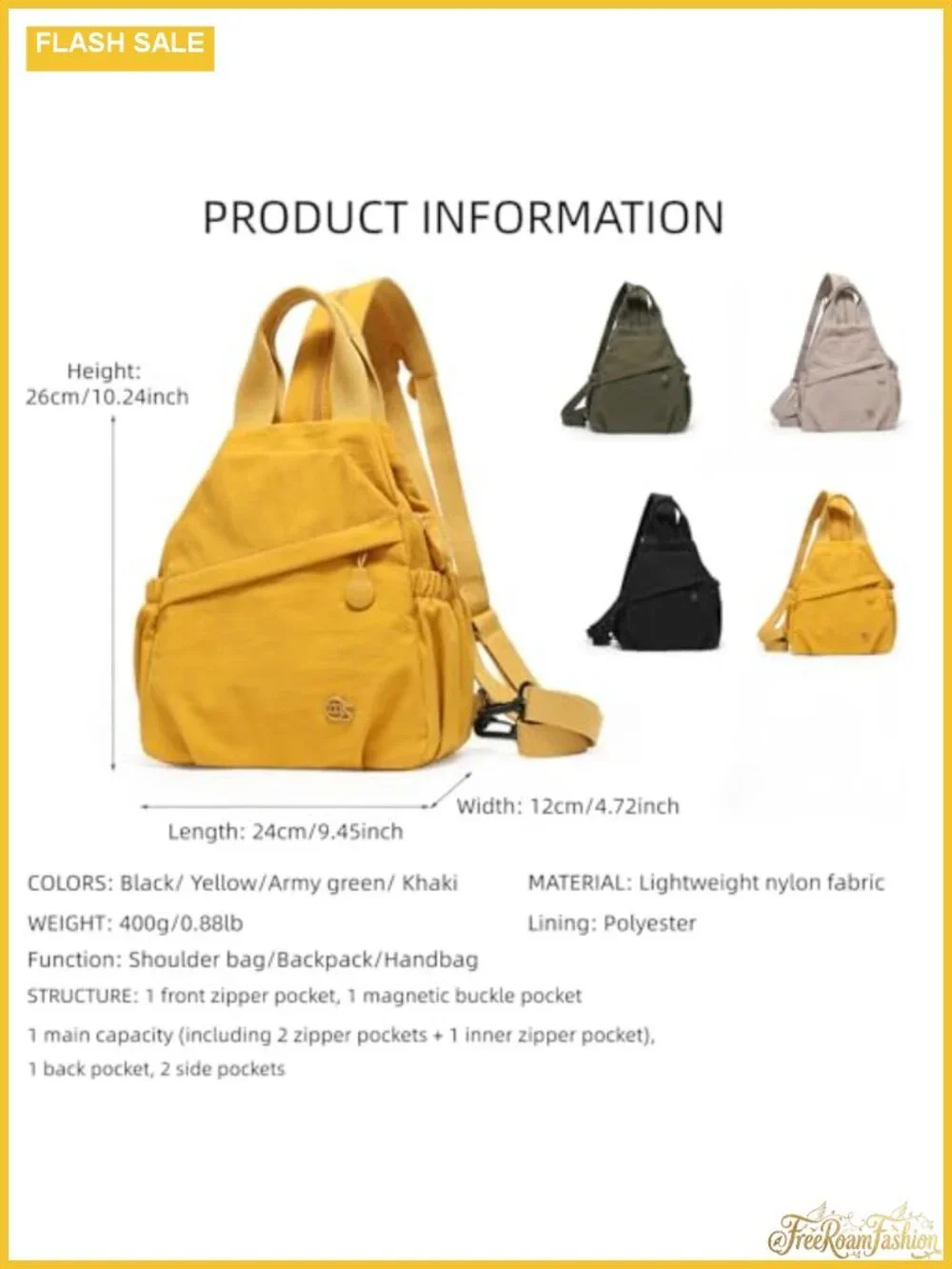 Convertible Sling Backpack Women Water-Resistant Lightweight Nylon Travel Hiking
